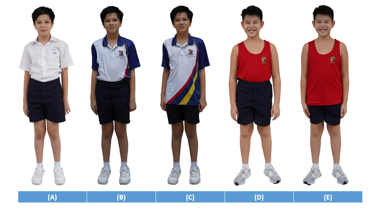 Five boys labeled A to E wear different school uniforms: white shirt, polo shirts, and red singlets, all with dark shorts.